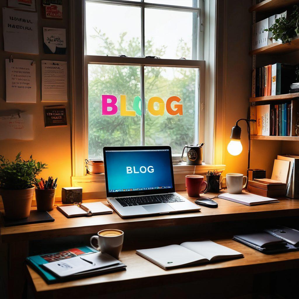 A vibrant workspace featuring an open laptop displaying a blog interface, surrounded by colorful notebooks, a steaming coffee cup, and an inspirational quote on the wall. Sunlight streams in through a window, casting a warm glow over the scene. The elements symbolize creativity and organization for blogging. super-realistic. vibrant colors. warm lighting.