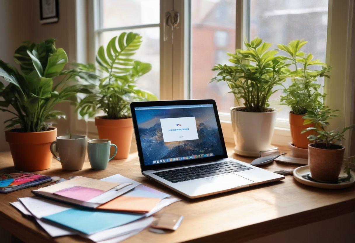 A vibrant workspace featuring a cozy desk with a laptop open to a blog editor, surrounded by colorful stationery, a steaming coffee cup, and inspirational quotes on the wall. Bright natural light pours in through a window, highlighting a potted plant and a notepad filled with engaging blog ideas. The scene evokes creativity and productivity, perfect for an online journal. super-realistic. vibrant colors. cozy atmosphere.